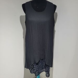 Desigual Women's Sleeveless Pleated Layered Shift Dress Size 44 Black Blue Studs